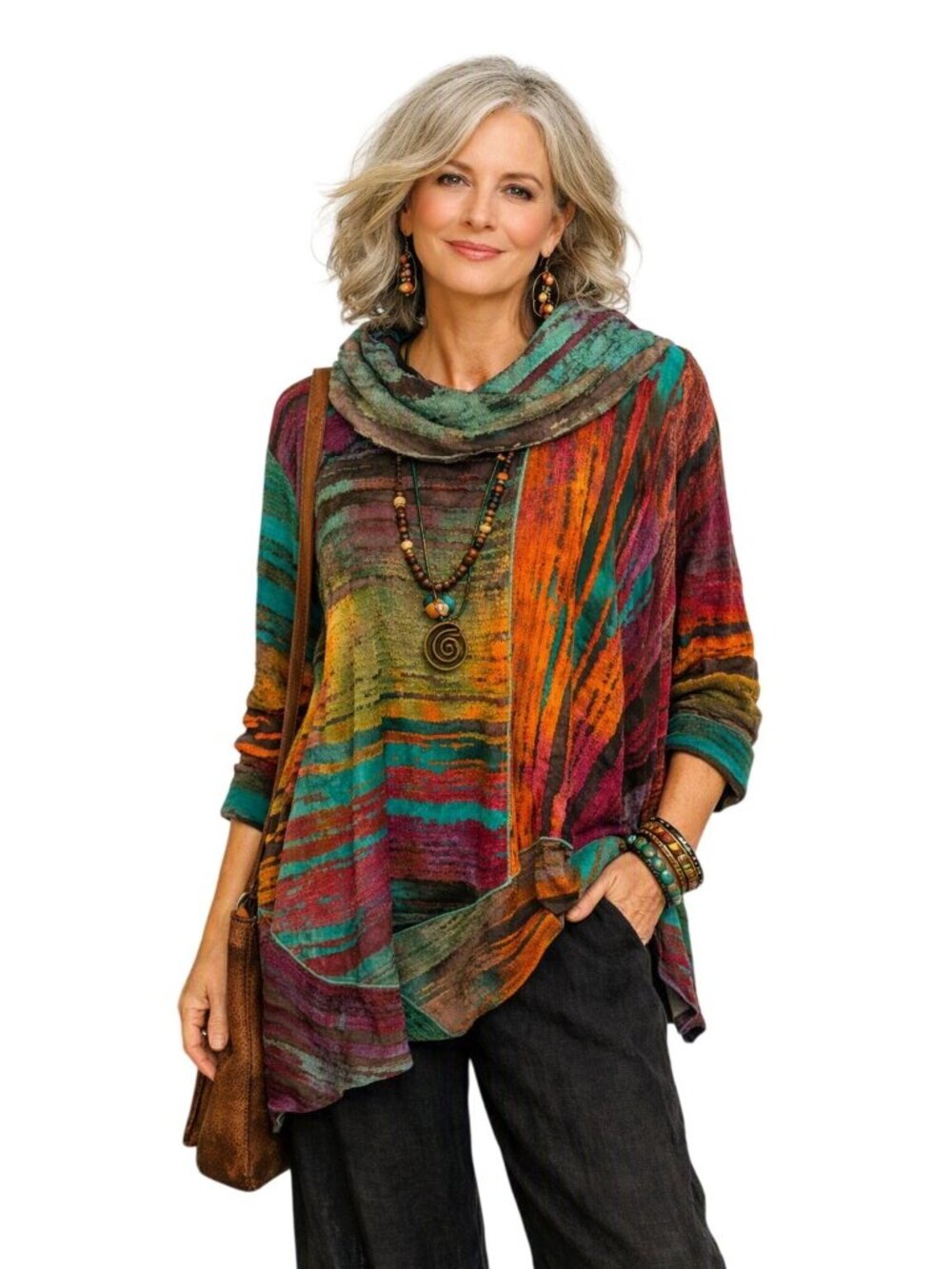Ali Miles Artsy Boho Cowl Neck Relaxed Tunic Top Plus Size Womens 3X Multicolor